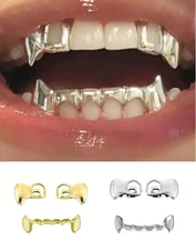 Custom 14K Gold or Silver Plated Upper & Lower Open Face Fangs Teeth Grillz Set