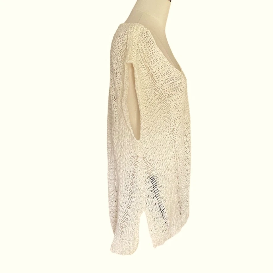 Suéter Helmut Lang Marfil Destruido Artesanal Tejido Hueco Lino Manga Gorra Foto 3 de 4