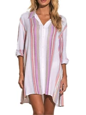 Elan White/Rose Stripe Metallic Button Down Coverup Shirt Dress . Sz M. NWT!