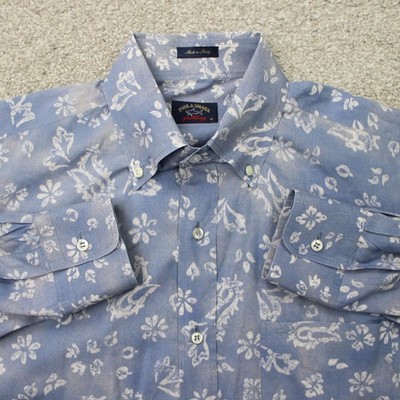 Paul & Shark Yachting Shirt Mens 42 Blue/White Floral 100% Cotton L/S Button
