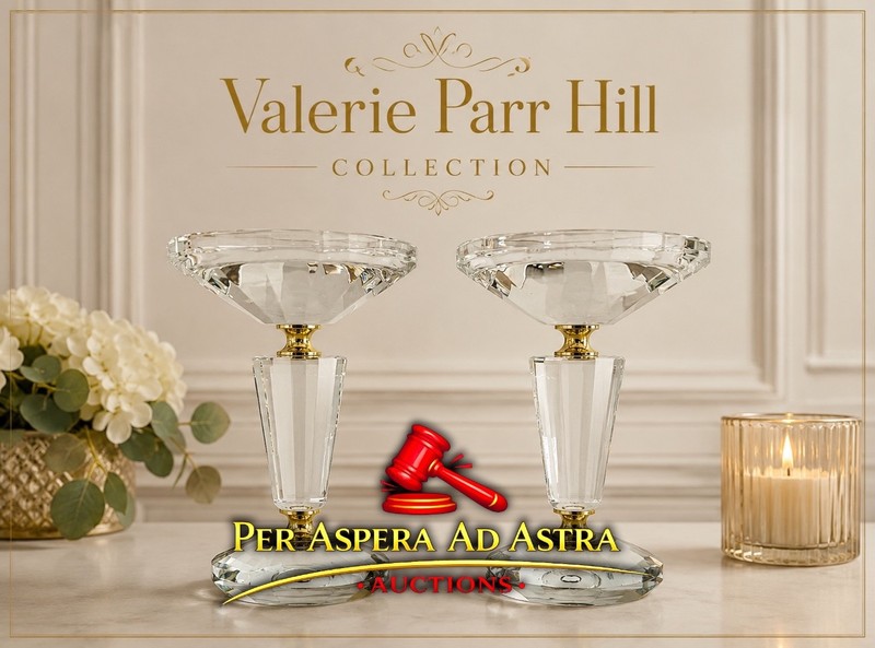 6" Faceted Glass Pedestal Candle Holders by Valerie GOLD Set Beveled Crystal S/2
