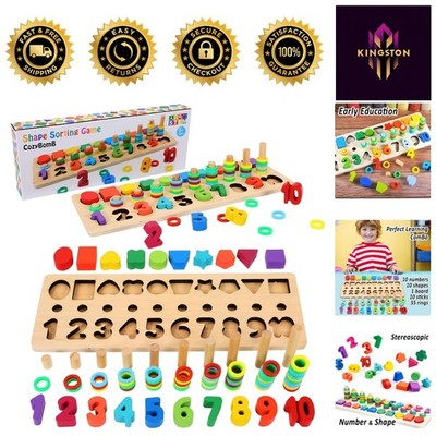 Montessori 3-in-1 Wooden Toy Set for Toddler Learning - Rainbow Number Stackers