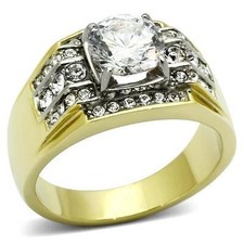 Men's 3.35 CT ROUND CUT AAA CZ 14K GOLD PLATED STAINLESS STEEL RING