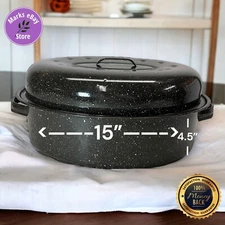 Vintage Black Speckled Enamel Large Roasting Pan w/Lid 15" x 4.5"