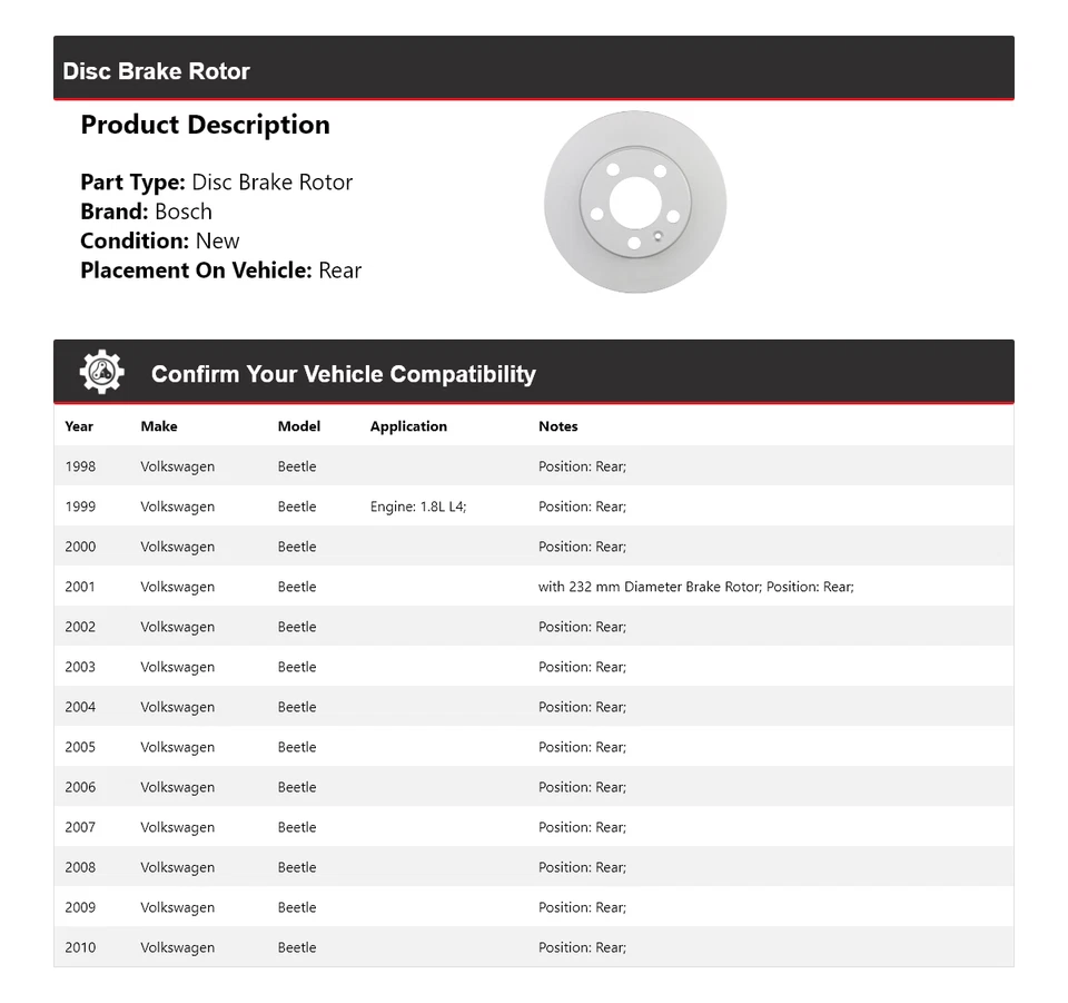 For 1998-2010 Volkswagen Beetle Bosch QuietCast Disc Brake Rotor Rear 1999 2000 - Image 2 of 4