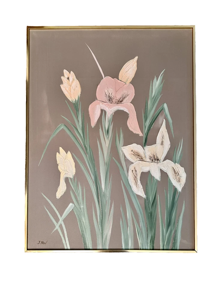 Pintura al óleo floral sobre lienzo firmada por J. Allen 40,5” 30,5” mediados de siglo vintage Foto 3 de 4