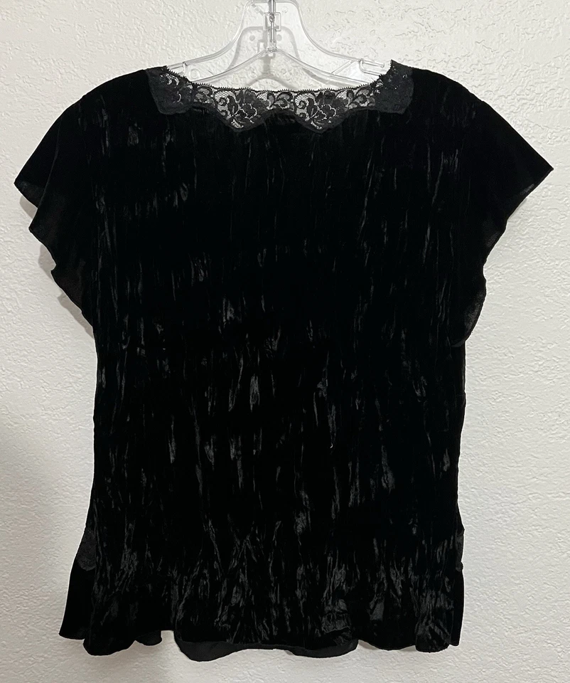 Med Y2K Baby Doll Romantic Steampunk Witchy Gothic Black Velvet Short Sleeve Top - Image 4 of 4