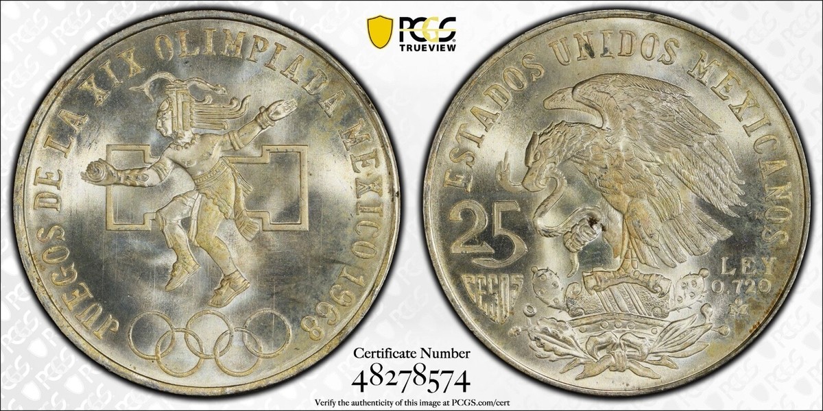 1968 Mo Mexico Silver 25 peso 19th Summer olympic Type 1 KM