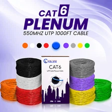 Cat6 Plenum Cable 1000ft Bulk Ethernet ETL CMP 550Mhz 23AWG Wire Multi Color.