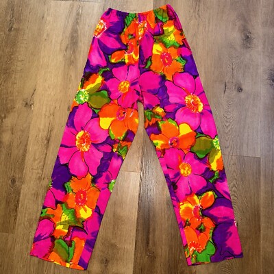 Vtg 1960s Barkcloth Pants Womens Hawaiian Aloha Floral Hippie Mod