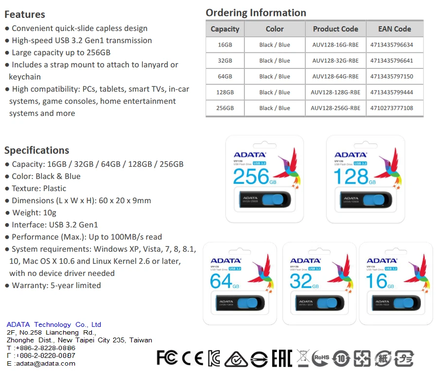 ADATA 16/32/64/128/256GB USB 3.0 Memory Pen UV128 Retractable lot Black Blue - Image 2 of 4