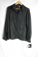 Women's Signature Studio Size Large Black Sheer Lined  Button Down Blouse Top