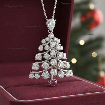 3CT Round Cut Lab-Created Diamond Christmas Tree Pendant 14k White Gold Plated