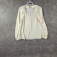 Banana Republic Heritage Cream V-Neck Crochet Trim Pleated Blouse Small