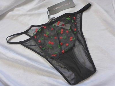 L, Savage X Fenty Puff Cherries String Bikini, schwarz, Nylon, NEU