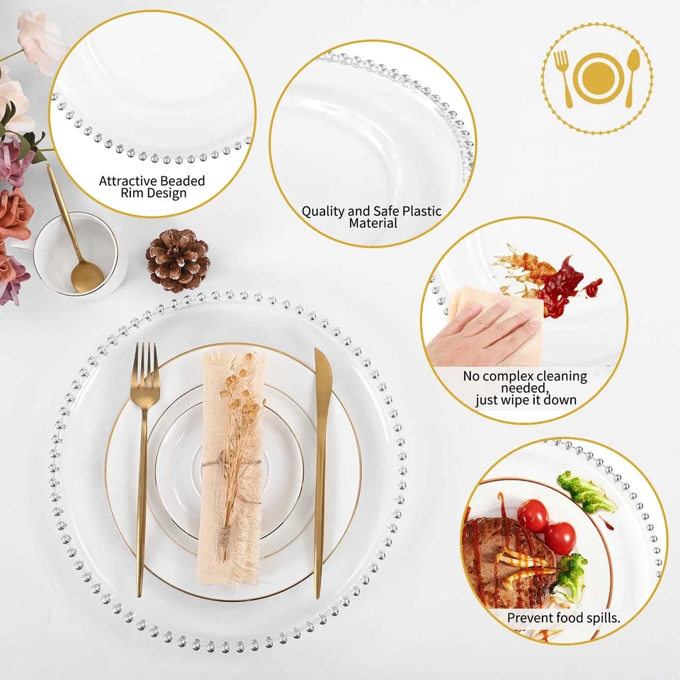 24 Pack Silver Clear Charger Plates With Beaded Rim, 13 Inch Dinner Charger P... - Image 3 of 4