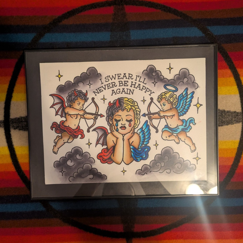 Hand PaintedFramed Tattoo Flash Art "I Swear I'll Never Be Happy Again" Kelby F