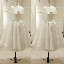 Satin Wedding Dresses Off The Shoulder Tea-Length Sleeveless Vintage Bridal Gown