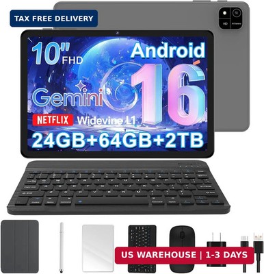 Android 16 Tablet 10'' Octa-Core 24GB RAM 64GB ROM Gemini AI - Widevine L1 Black