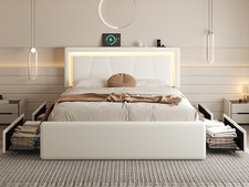 Full/Queen Upholstered Bed Frame, LED Light and Adjustable Headboard, 4 Drawers