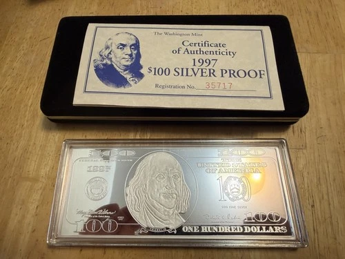 1997 Washington Mint $100 Dollar Silver Proof Fine Silver 4 oz Bar COA .999