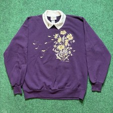 Vintage Morning Sun Sweatshirt Sz L Purple Collared Double Sided Sun Flowers