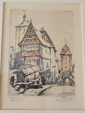 Antique W Foerster Rothenburg Tauber Germany Hand Colored Etching Signed Framed