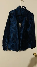 Barry Wang Shirt Mens Long Sleeve Blue Button Up Shiny Silk Size M Floral