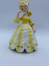 Vintage Lefton Girl Figurine In Yellow Flowers Around Bottom of Her Dress #1554