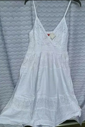 Mujeres Vestido Elástico Cintura Imperio Blanco Ojales Algodón Cuello en V Niveles Verano M EE. UU.