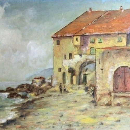 Hermann Ruf. Dipinto olio su tela originale Italia1948 arte firmato Villa paesaggio marino - Foto 2 di 8