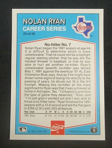 Nolan Ryan Coca~Cola 1992 Career Series Card #25 of 26 - Picture 4 of 9