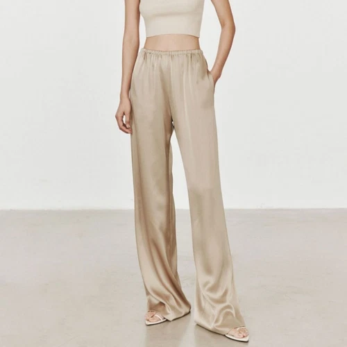 Summert Womens Silk Satin Elastic Waist Long Trousers Straight Wide Leg Pants - Picture 3 of 12