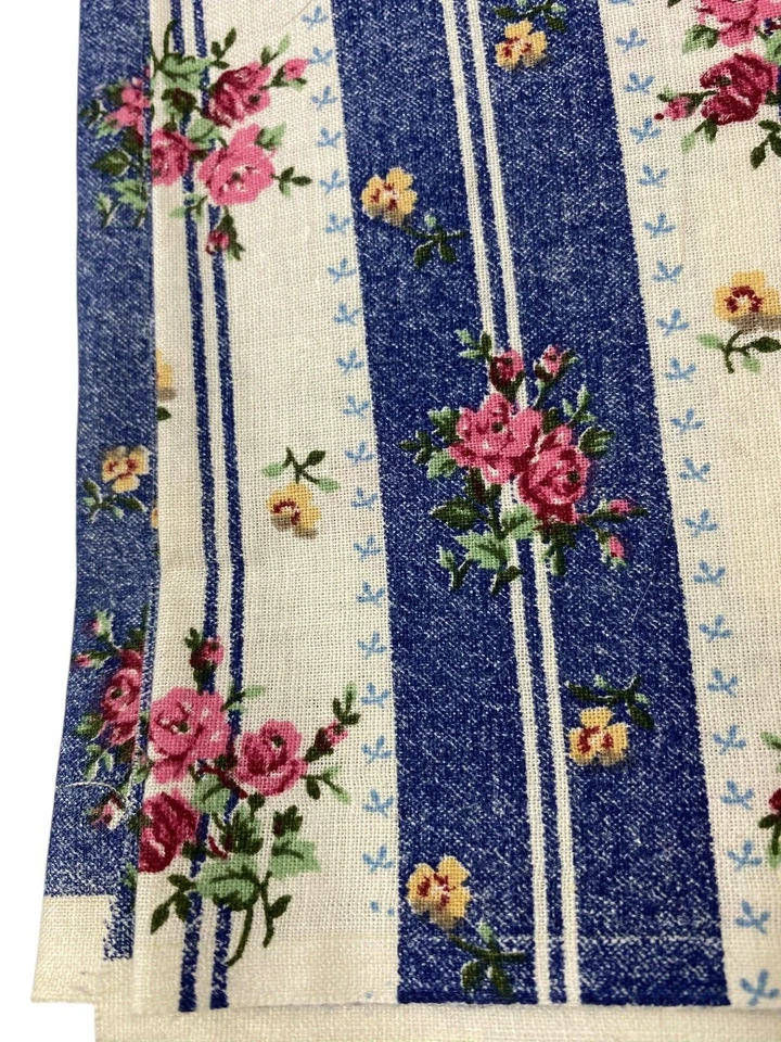 Vintage Marcus Brothers Fabric 2 Yds Blue White Floral Stripe Pink Yellow Roses - Image 3 of 4