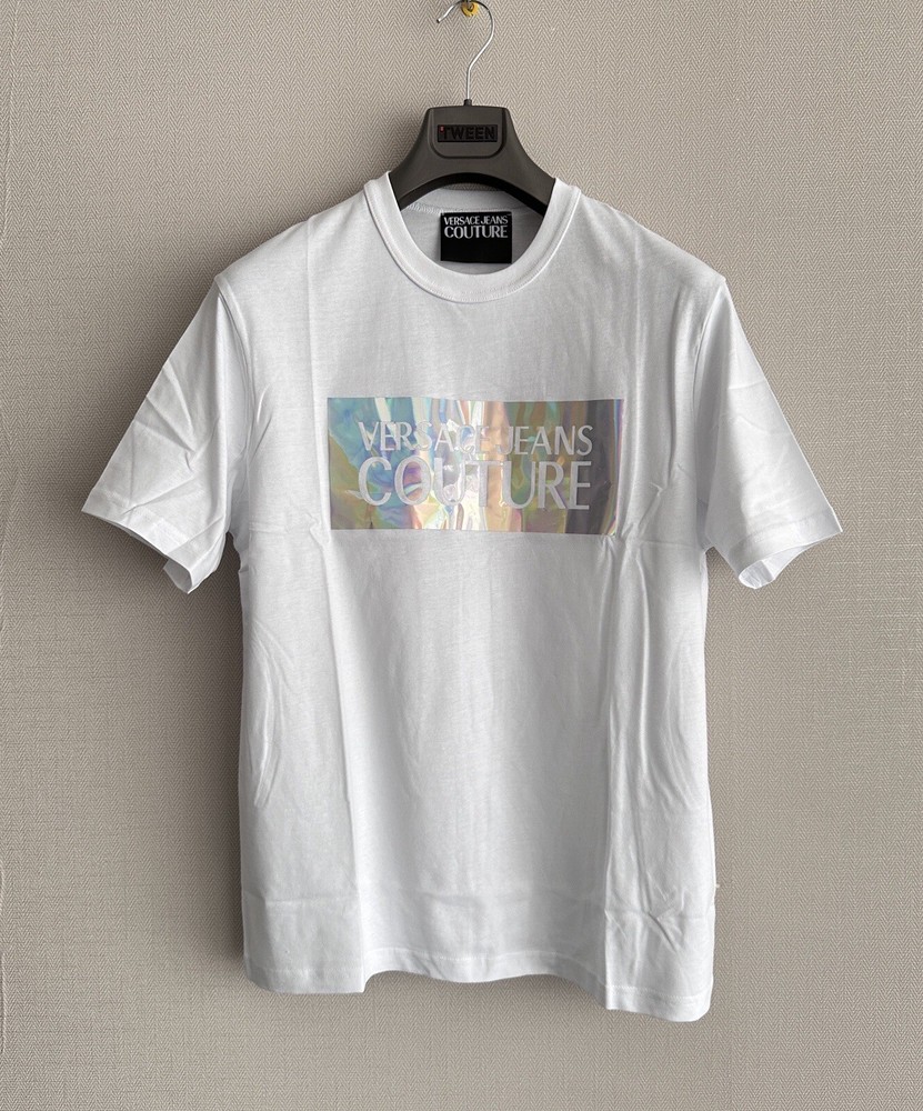 Versace Jeans Couture T-shirt XL Size Holographic Logo Effect White Cotton
