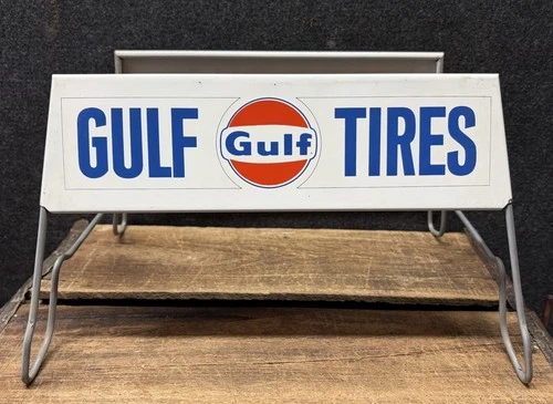 Vtg NOS 1960s Gulf Service Station Tire Display Rack Sign Metal Complete 2 Signs