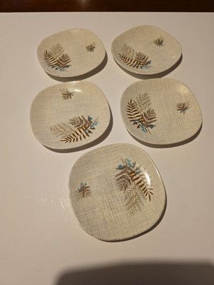 Mid Century Quadratische Beilagen Teller Botanischer Farn Design Retro x5