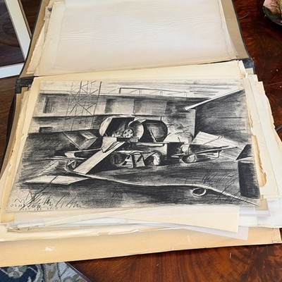 Oshver Drawing   Industrial Scene, Charcoal on Paper, Modern, Original, Unframed