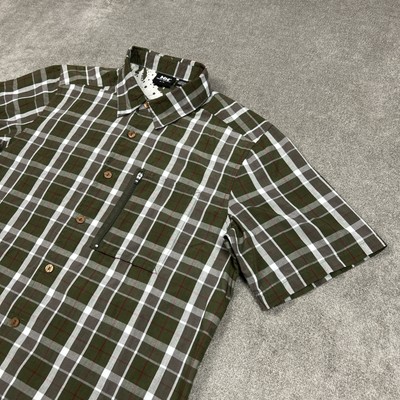 Helly Hansen Shirt Mens Medium Button Up Brown Plaid Outdoor Hiking Pocket Rayon