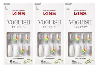 THREE BOXES Kiss Voguish Fantasy Glow Effect Neon Glittery Glue-On Long Nails