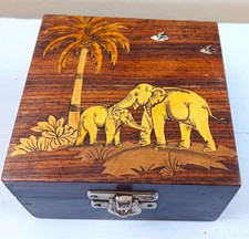 Vintage wooden Trinket Box Jewelry Casket Elephant Inlay Hinged Lid India