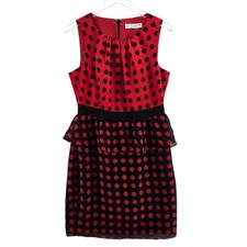 Trina Turk Dress Womens Small Medium Ladybug 100% Silk Black Red Polka Dot Party