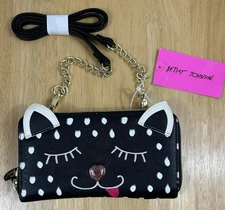 Betsey Johnson Sleeping Cat Wallet On A String Black Zip Around Wristlet NEW