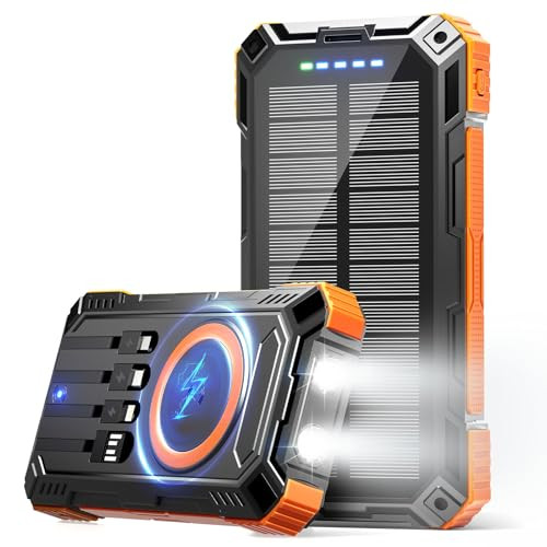 Solar Portable Charger 49800mAh Wireless Power Bank with 4 Built-in Cables Ba...