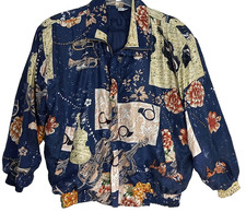 Vintage Fuda International Silk Bomber Jacket Women's M Medium Music Floral Blue