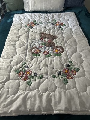 Hand Stitched Bear & Rabbit Baby Crib Quilt 40 x 60  Cross Stitch Embroidery NEW