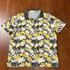 DKNY Mens Large Yellow Gray Floral Short Sleeve Polo Preppy Classic Cotton Blend