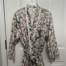 Vintage Christian Dior Cotton Long Belted Robe Shoulder Padded Floral Medium
