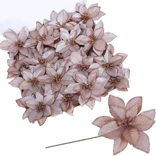 24 Pcs Rose Gold Poinsettia 5.1" Glittered Christmas Picks Tree Ornaments