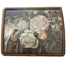 Vintage Brass Glass Hinged Mirror Trinket Jewelry Box Pearl Roses Green Glass